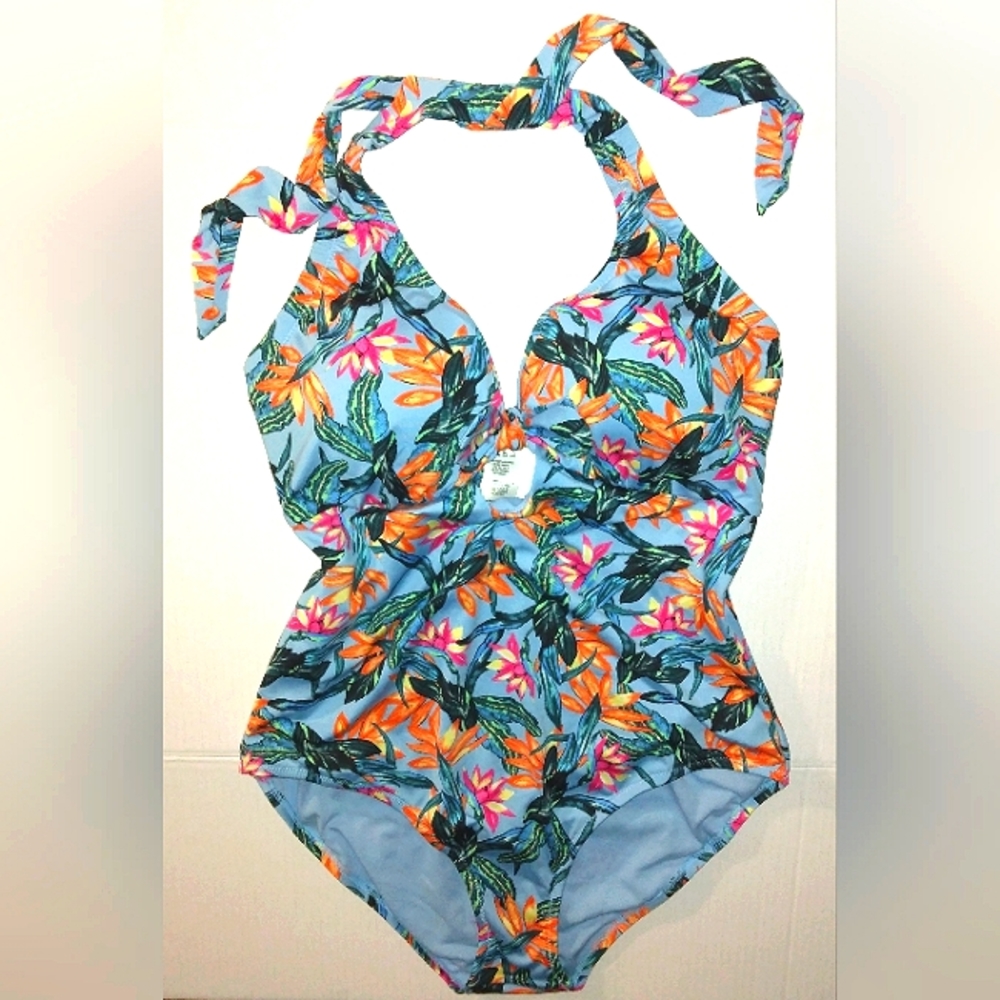 NWT☆Plus Size☆JESSICA SIMPSON☆Sexy Sky/Bright Floral Retro 1pc Keyhole Swimsuit